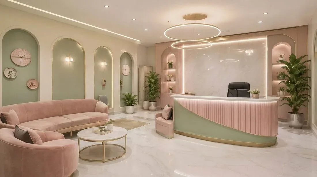 The Auresca Care reception and lounge in blush pink and sage green